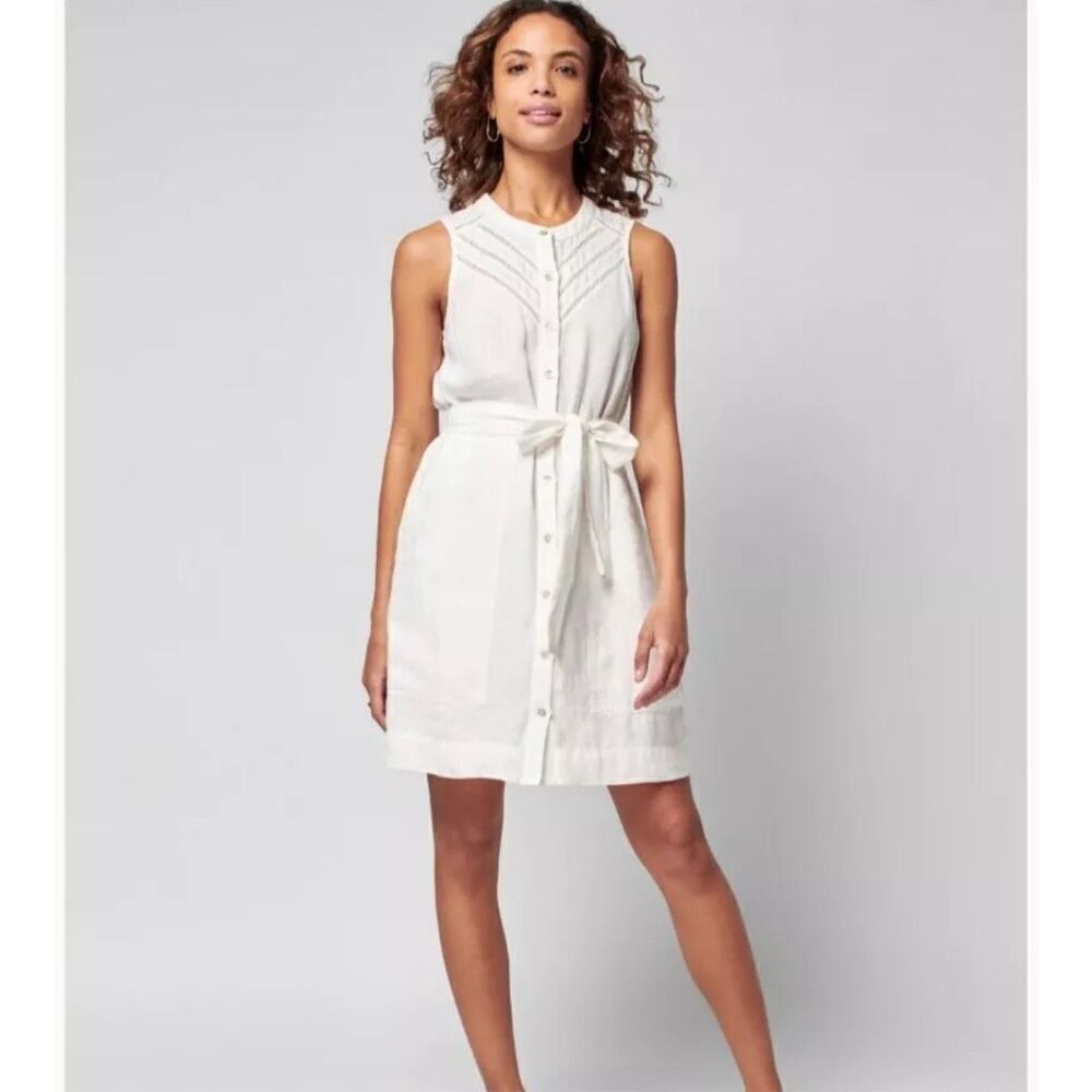 Faherty Womens Bria Sleeveless Lace Trim Linen Belted Dress Cream Size Small - Picture 1 of 14